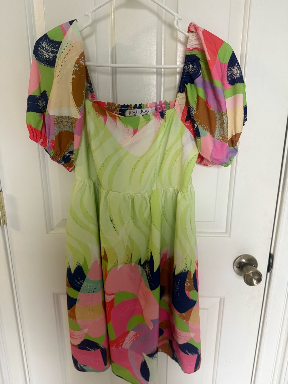 Joy Joy Lime Multi-Color Abstract Puff Sleeve Dress